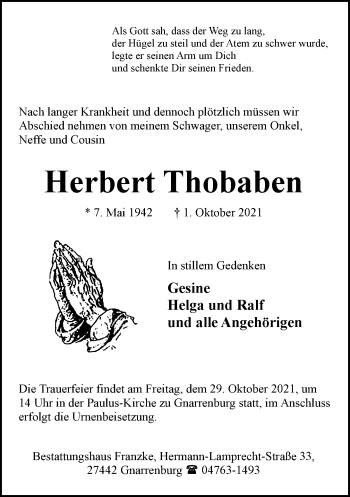 Todesanzeige von Herbert Thobaben von Trauer.de