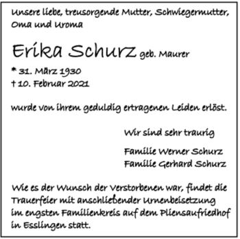 Todesanzeige von Erika Schurz von Trauer.de