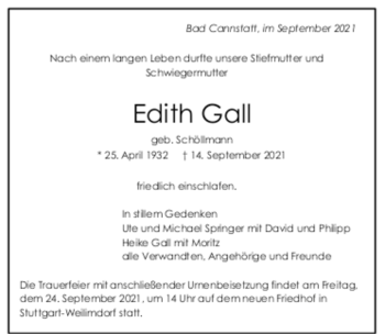 Todesanzeige von Edith Gall von trauer.de