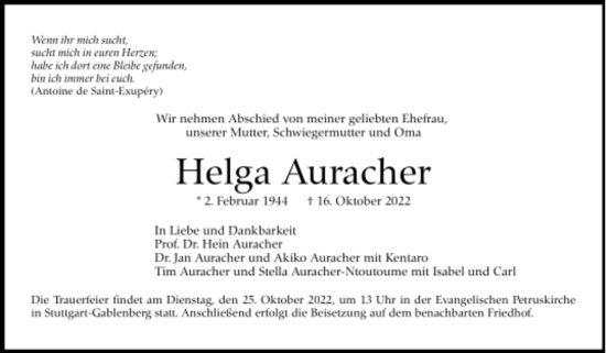 Todesanzeige von Helga Auracher von Trauer.de