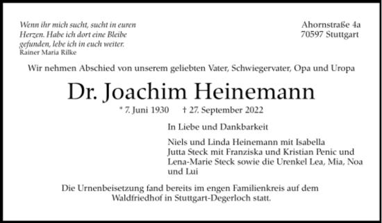 Todesanzeige von Joachim Heinemann von Trauer.de