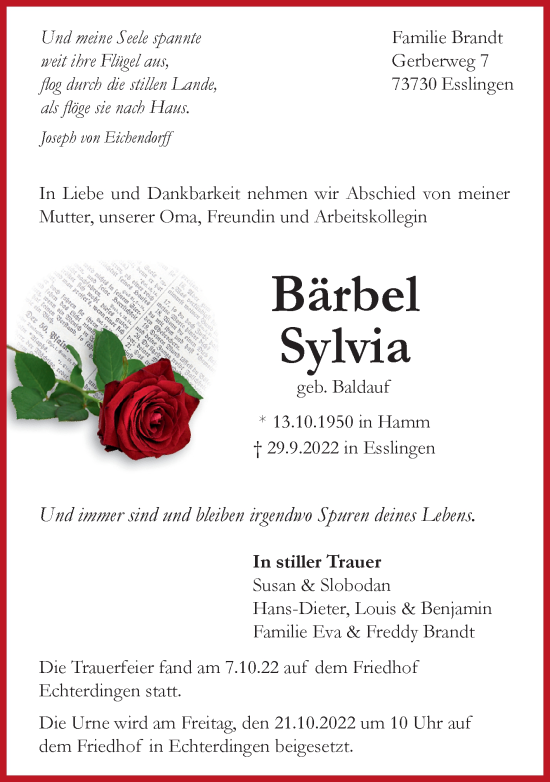 Todesanzeige von Bärbel Sylvia von Trauer.de
