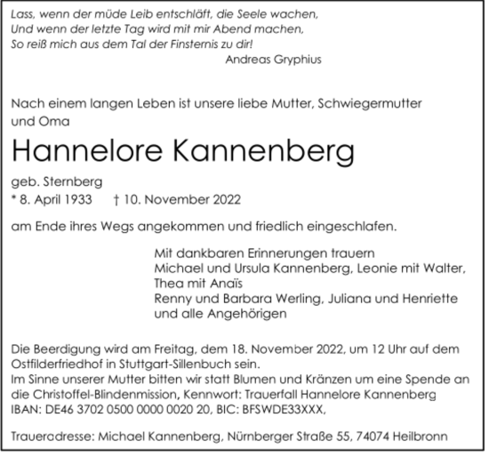 Todesanzeige von Hannelore Kannenberg von trauer.de