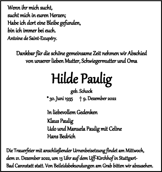 Todesanzeige von Hilde Paulig von trauer.de