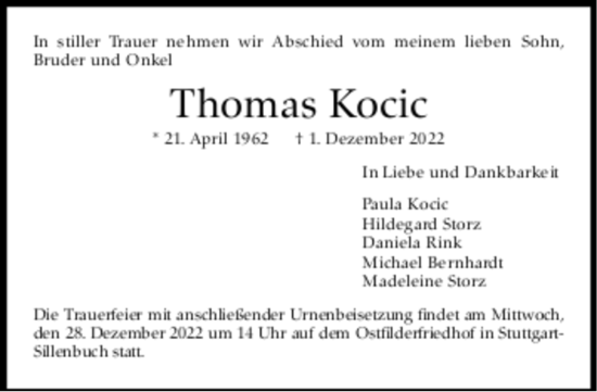 Todesanzeige von Thomas Kocic von trauer.de