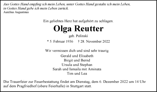 Todesanzeige von Olga Reutter von trauer.de