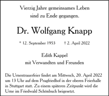 Todesanzeige von Wolfgang Knapp von trauer.de