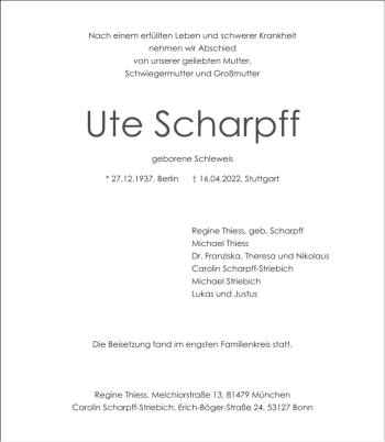 Todesanzeige von Ute Scharpff von trauer.de