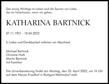 Todesanzeige von Katharina Bartnick von Trauer.de