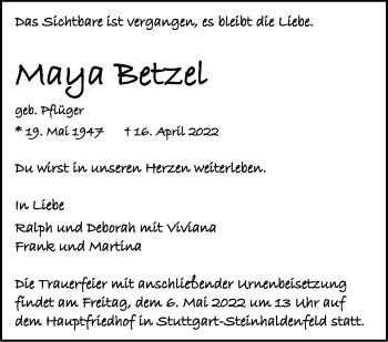 Todesanzeige von Maya Betzel von trauer.de