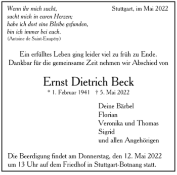 Todesanzeige von Ernst Dietrich Beck von Trauer.de