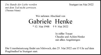 Todesanzeige von Gabriele Henke von Trauer.de