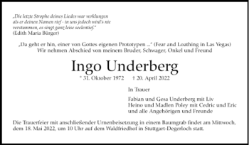 Todesanzeige von Ingo Underberg von Trauer.de