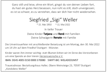 Todesanzeige von Siegfried Weller von trauer.de