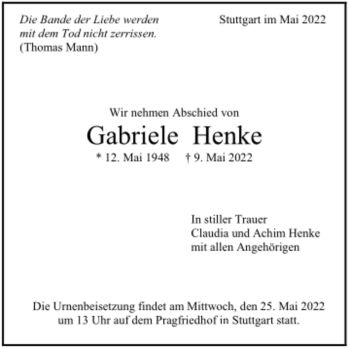 Todesanzeige von Gabriele Henke von Trauer.de