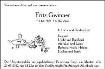 Todesanzeige von Fritz Gwinner von Trauer.de