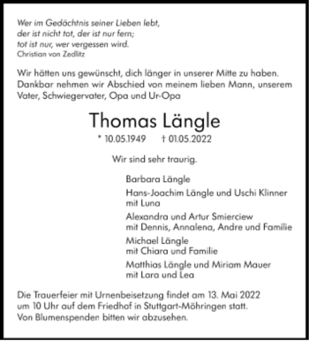 Todesanzeige von Thomas Längle von Trauer.de