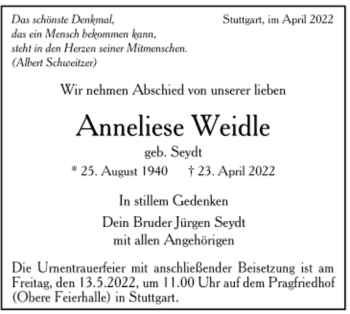 Todesanzeige von Anneliese Weidle von Trauer.de