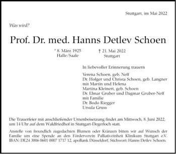 Todesanzeige von Hanns Detlev Schoen von Trauer.de