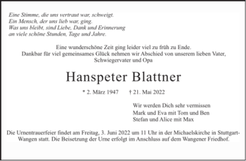 Todesanzeige von Hanspeter Blattner von Trauer.de