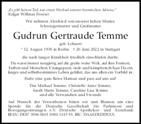 Todesanzeige von Gudrun Gertraude Temme von trauer.de