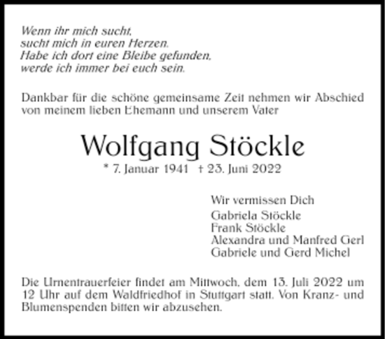 Todesanzeige von Wolfgang Stöckle von Trauer.de