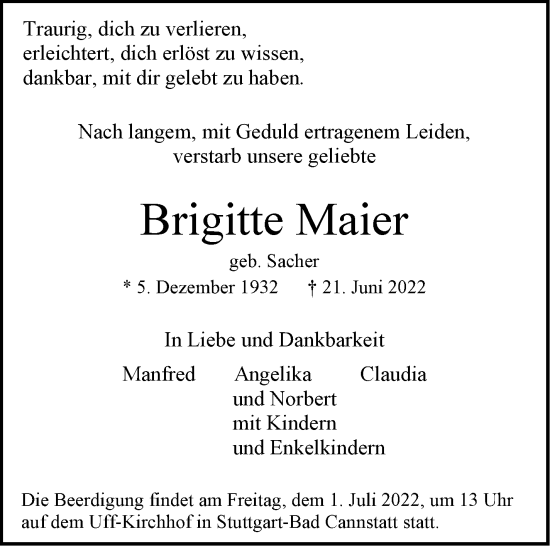 Todesanzeige von Brigitte Maier von trauer.de