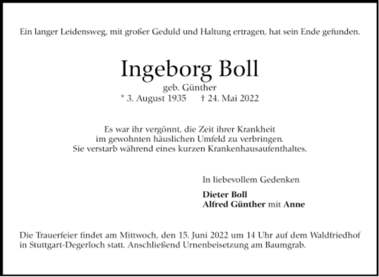 Todesanzeige von Ingeborg Boll von Trauer.de