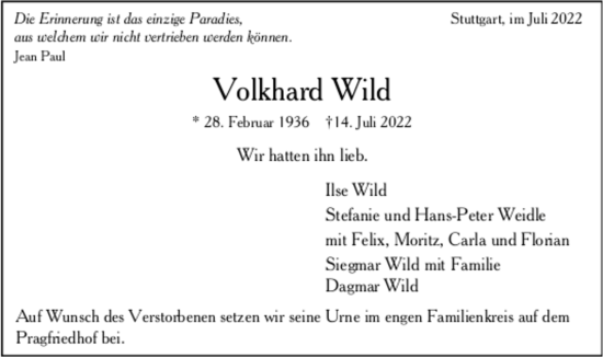 Todesanzeige von Volkhard Wild von trauer.de