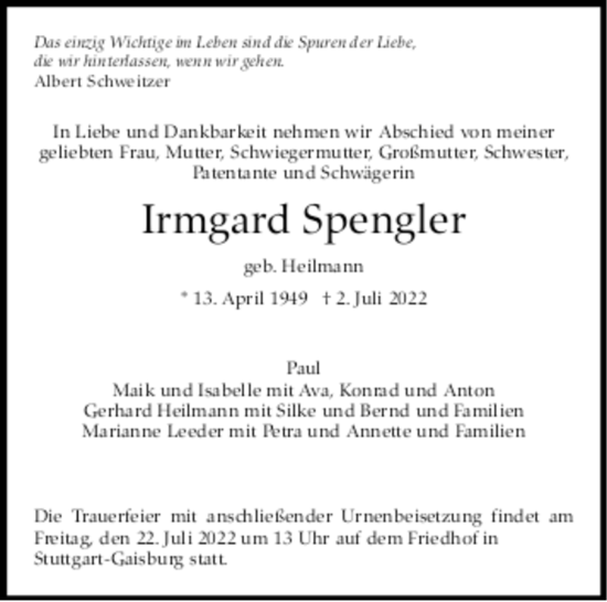 Todesanzeige von Irmgard Spengler von trauer.de