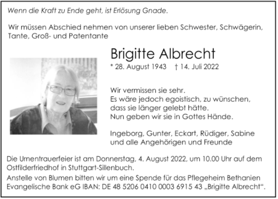 Todesanzeige von Brigitte Albrecht von Trauer.de