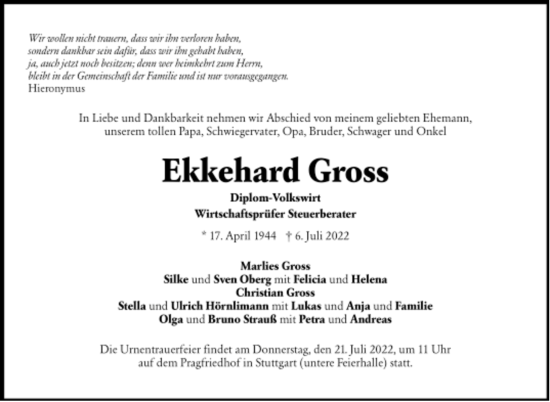 Todesanzeige von Ekkehard Gross von Trauer.de