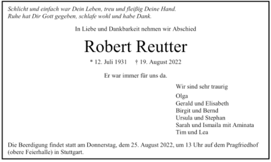 Todesanzeige von Robert Reutter von Trauer.de