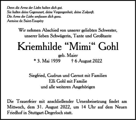 Todesanzeige von Kriemhilde Gohl von trauer.de