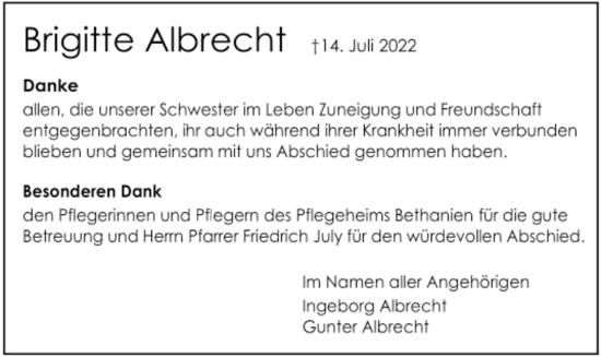 Todesanzeige von Brigitte Albrecht von trauer.de