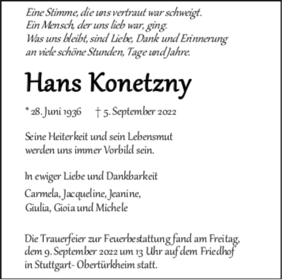 Todesanzeige von Hans Konetzny von trauer.de