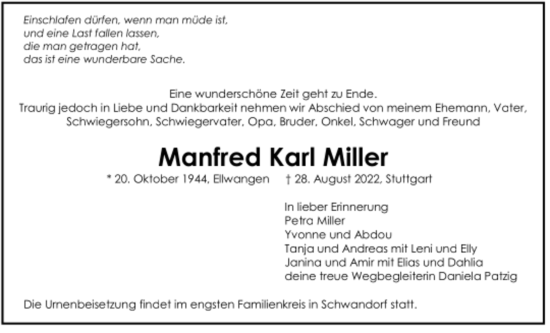 Todesanzeige von Manfred Karl Miller von Trauer.de