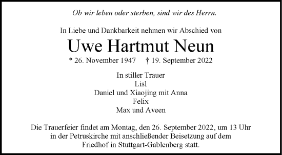 Todesanzeige von Uwe Hartmut Neun von Trauer.de