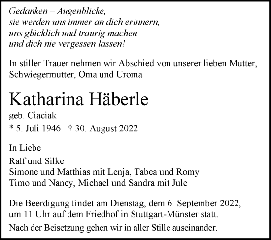 Todesanzeige von Katharina Häberle von Trauer.de