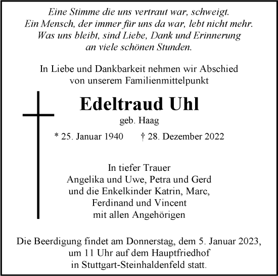 Todesanzeige von Edeltraud Uhl von trauer.de