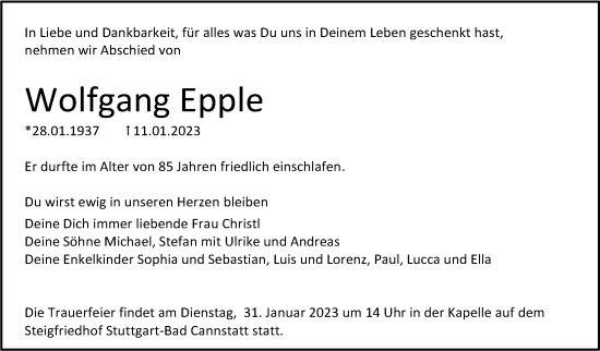 Todesanzeige von Wolfgang Epple von trauer.de