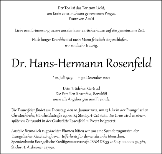 Todesanzeige von Hans-Hermann Rosenfeld von trauer.de