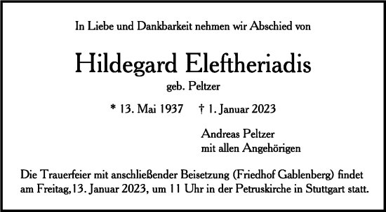 Todesanzeige von Hildegard Eleftheriadis von trauer.de