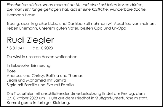 Todesanzeige von Rudi Ziegler von trauer.de