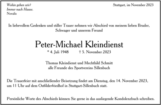 Todesanzeige von Peter- Michael Kleindienst von Trauer.de