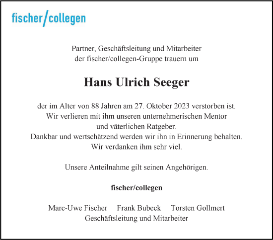 Todesanzeige von Hans Ulrich Seeger von trauer.de