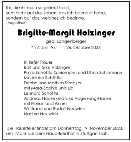 Todesanzeige von Brigitte-Margit Holzinger von trauer.de