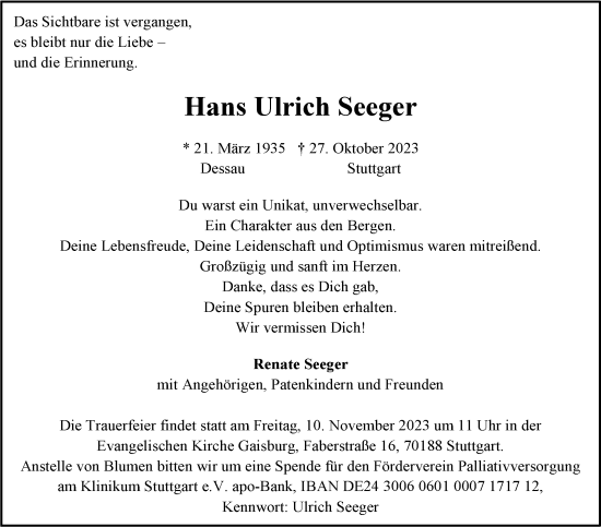 Todesanzeige von Hans Ulrich Seeger von trauer.de