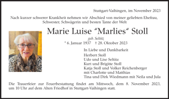 Todesanzeige von Marie Luise Stoll von trauer.de