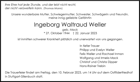 Todesanzeige von Ingeborg Waltraud Weller von trauer.de